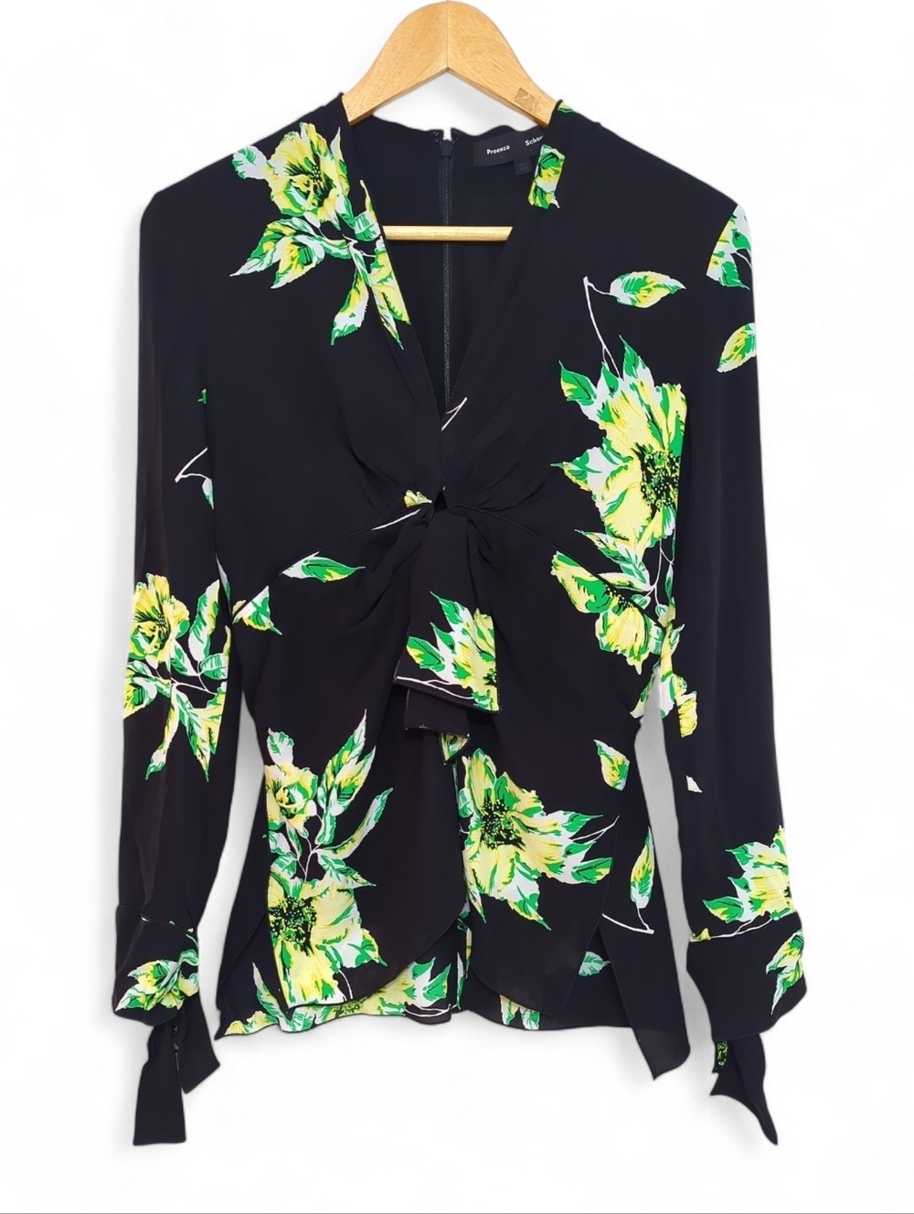 Proenza Schouler 100% Silk Floral Tie Front Keyhole Blouse Draped Top Size 4 - Picture 2 of 10
